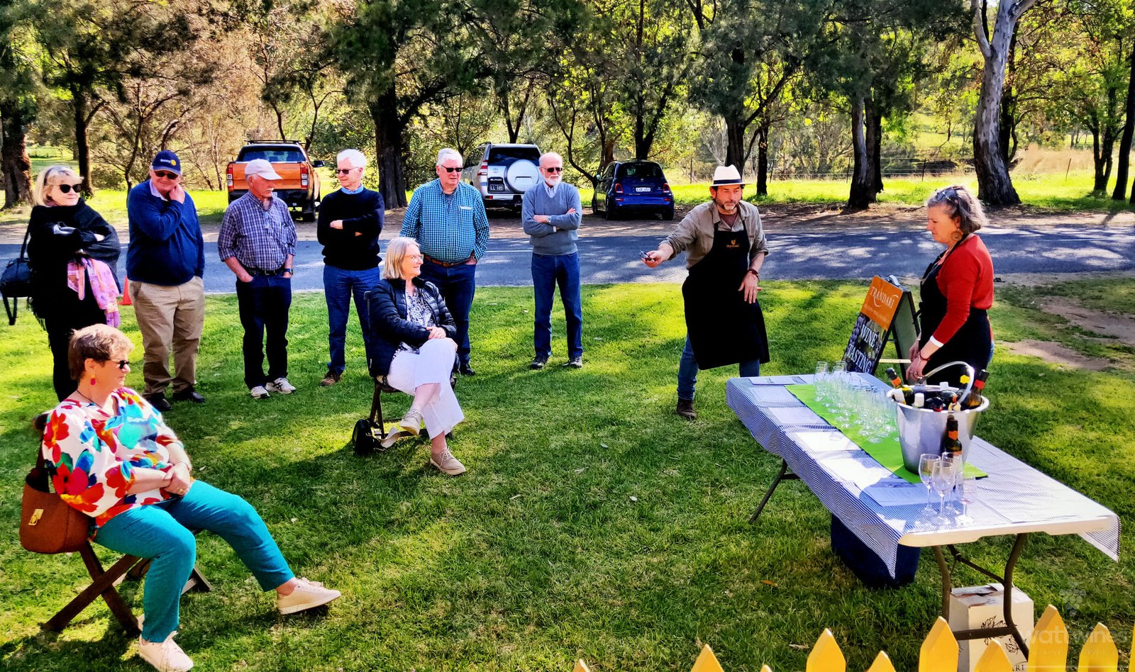 Tim Smith and Leanne McGregor deliver an outdoor wine tasting at Trandari Wines in the Hilltops wine region