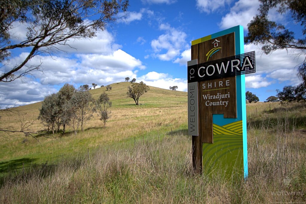 "Welcome to Cowra Shire - Wiradjuri Country" road sign in Cowra wine region